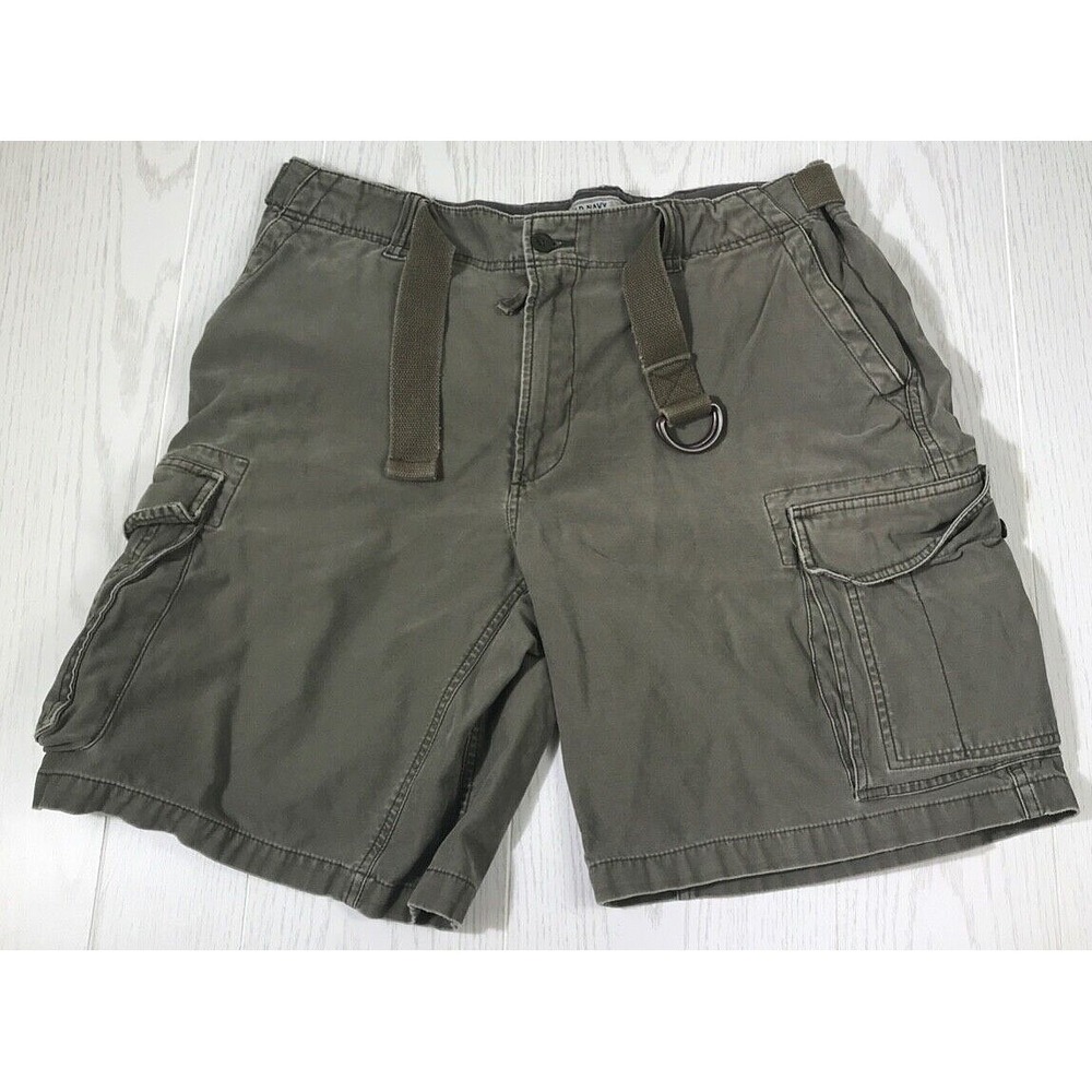 Vintage Old Navy Green Military Canvas Belted Cargo Shorts Mens 38 Outdoors Y2K